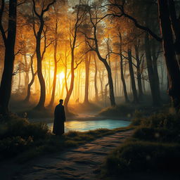 A mysterious ancient forest at twilight, bathed in a soft golden glow, with tall, mystical trees whose leaves shimmer like jewels