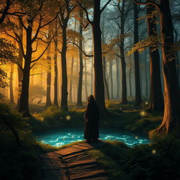 A mysterious ancient forest at twilight, bathed in a soft golden glow, with tall, mystical trees whose leaves shimmer like jewels