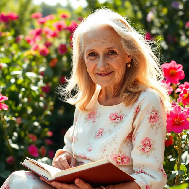 An elderly woman with flowing blonde hair that cascades elegantly around her shoulders, sporting a small mouth that adds charm to her delicate features