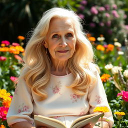 An elderly woman with flowing blonde hair that cascades elegantly around her shoulders, sporting a small mouth that adds charm to her delicate features