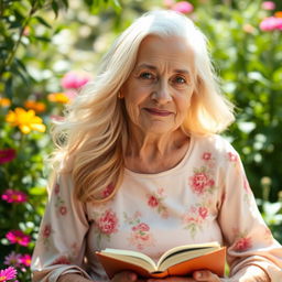 An elderly woman with flowing blonde hair that cascades elegantly around her shoulders, sporting a small mouth that adds charm to her delicate features