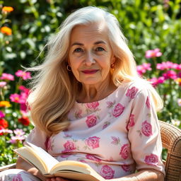 An elderly woman with flowing blonde hair that cascades elegantly around her shoulders, sporting a small mouth that adds charm to her delicate features