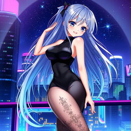 A stylish anime girl wearing a sleek black bodysuit that hugs her figure, accentuating her curves
