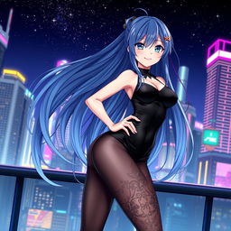 A stylish anime girl wearing a sleek black bodysuit that hugs her figure, accentuating her curves