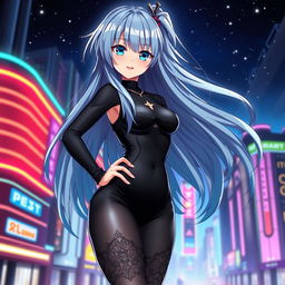 A stylish anime girl wearing a sleek black bodysuit that hugs her figure, accentuating her curves