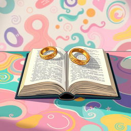 A stylized illustration of an open bible on a colorful, abstract table surface
