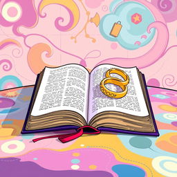 A stylized illustration of an open bible on a colorful, abstract table surface