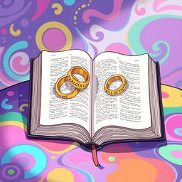 A stylized illustration of an open bible on a colorful, abstract table surface