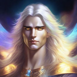 A high-quality digital art piece featuring a male Aasimar