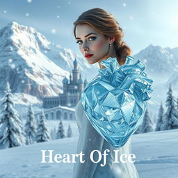 A stunning, snowy kingdom landscape featuring majestic, snow-capped mountains and a beautifully ornate palace made of ice in the background