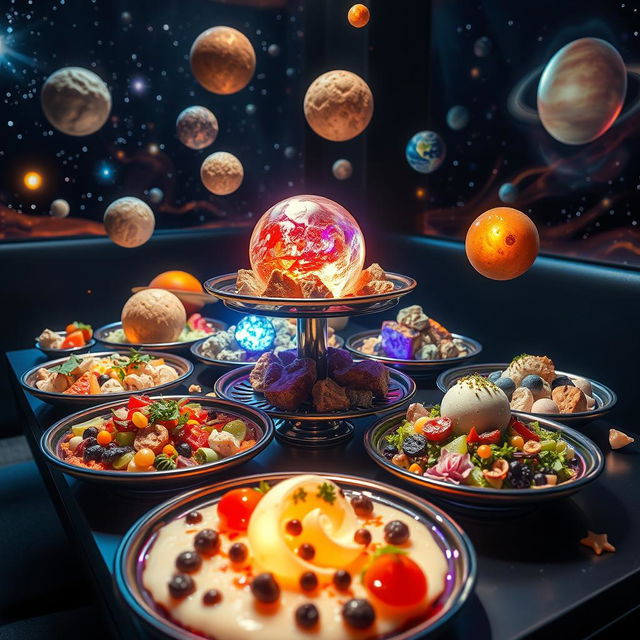 A dazzling presentation of cosmic asteroid cuisine, featuring an array of interstellar dishes inspired by various celestial bodies