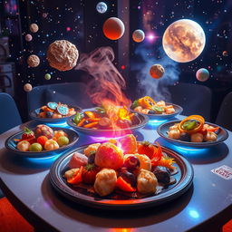 A dazzling presentation of cosmic asteroid cuisine, featuring an array of interstellar dishes inspired by various celestial bodies