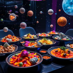 A dazzling presentation of cosmic asteroid cuisine, featuring an array of interstellar dishes inspired by various celestial bodies