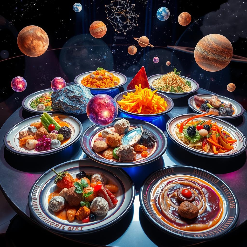 A dazzling presentation of cosmic asteroid cuisine, featuring an array of interstellar dishes inspired by various celestial bodies