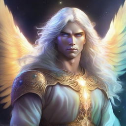 A high-quality digital art piece featuring a male Aasimar