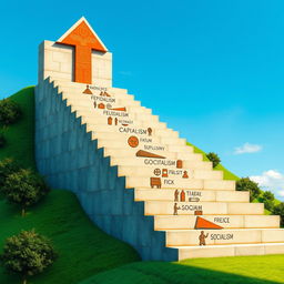 An artistic representation of a staircase illustrating social forms, with each step labeled with different types of social structures, such as Feudalism, Capitalism, Socialism, etc