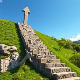 An artistic representation of a staircase illustrating social forms, with each step labeled with different types of social structures, such as Feudalism, Capitalism, Socialism, etc