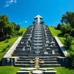 An artistic representation of a staircase illustrating social forms, with each step labeled with different types of social structures, such as Feudalism, Capitalism, Socialism, etc