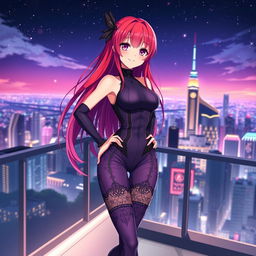 An anime girl in a sleek, form-fitting bodysuit that highlights her figure, designed with futuristic patterns in shades of purple and black