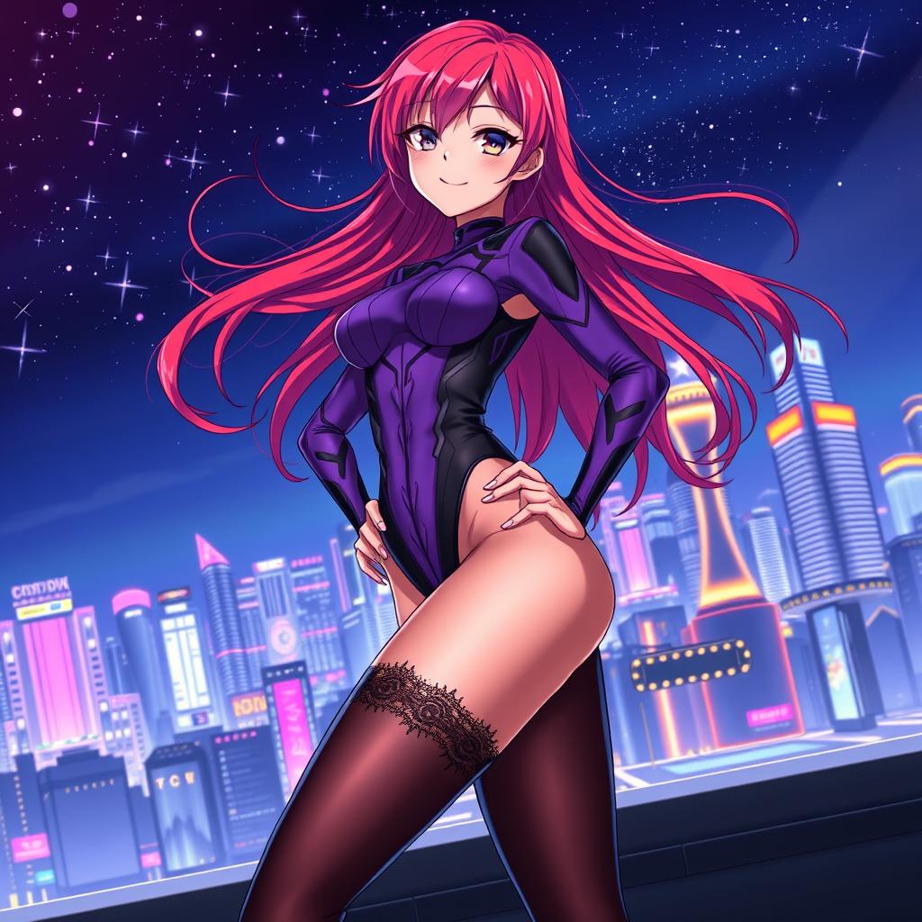 An anime girl in a sleek, form-fitting bodysuit that highlights her figure, designed with futuristic patterns in shades of purple and black