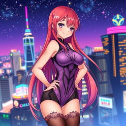 An anime girl in a sleek, form-fitting bodysuit that highlights her figure, designed with futuristic patterns in shades of purple and black