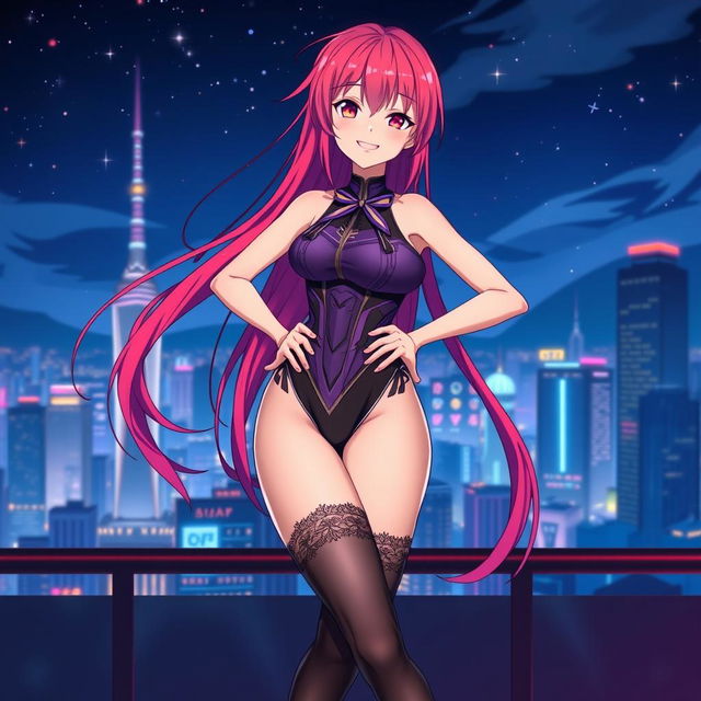 An anime girl in a sleek, form-fitting bodysuit that highlights her figure, designed with futuristic patterns in shades of purple and black