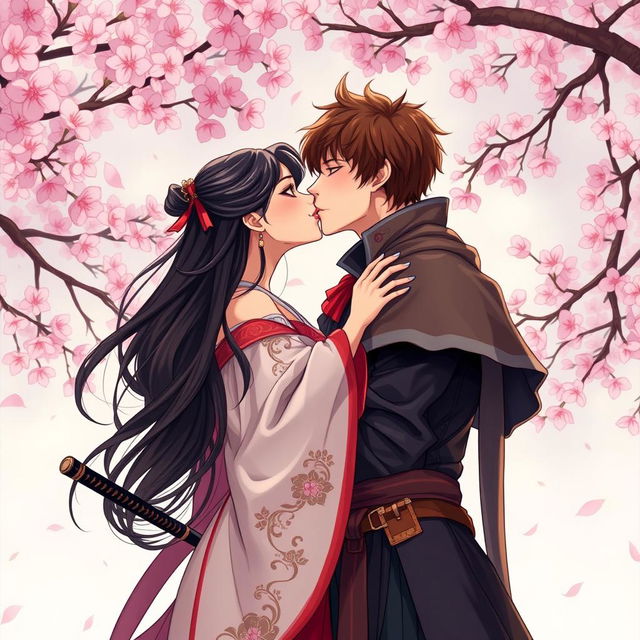 An illustration in manhwa style depicting a beautiful couple kissing