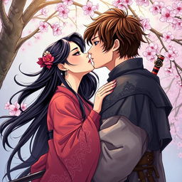 An illustration in manhwa style depicting a beautiful couple kissing