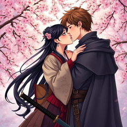 An illustration in manhwa style depicting a beautiful couple kissing