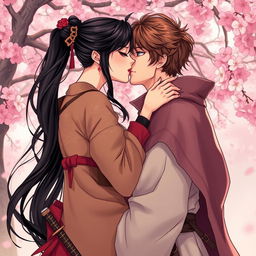 An illustration in manhwa style depicting a beautiful couple kissing