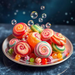 A whimsical plate filled with colorful asteroids that resemble vibrant candies, each asteroid adorned with shiny, transparent bubbles that seem to float and pop