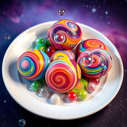 A whimsical plate filled with colorful asteroids that resemble vibrant candies, each asteroid adorned with shiny, transparent bubbles that seem to float and pop