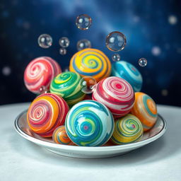 A whimsical plate filled with colorful asteroids that resemble vibrant candies, each asteroid adorned with shiny, transparent bubbles that seem to float and pop