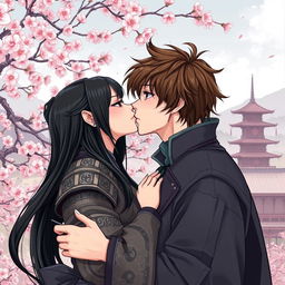A beautifully detailed illustration in manhwa style depicting a romantic scene of a couple kissing