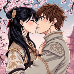 A beautifully detailed illustration in manhwa style depicting a romantic scene of a couple kissing