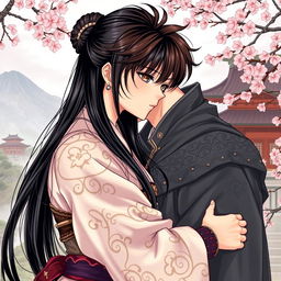 A beautifully detailed illustration in manhwa style depicting a romantic scene of a couple kissing