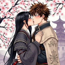A beautifully detailed illustration in manhwa style depicting a romantic scene of a couple kissing