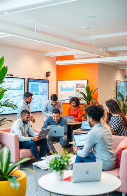 A vibrant digital business office environment showcasing teamwork and collaboration