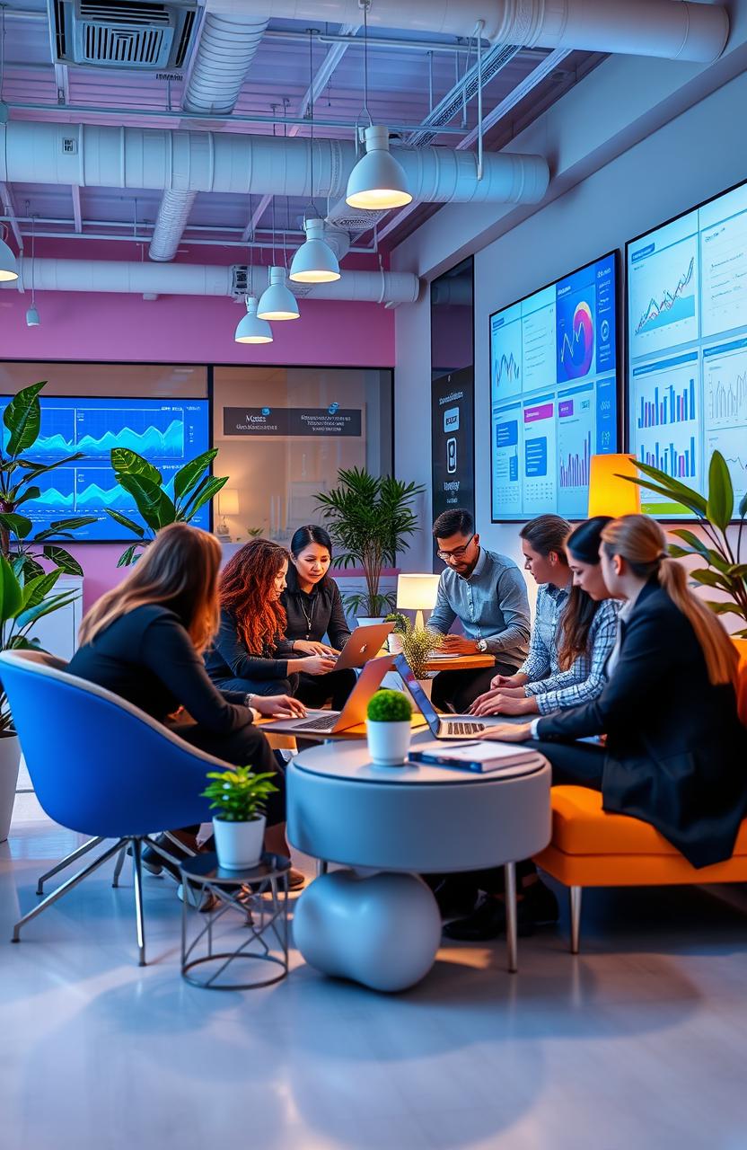 A vibrant digital business office environment showcasing teamwork and collaboration