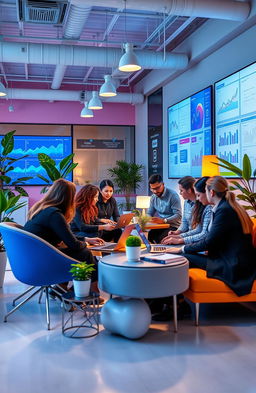 A vibrant digital business office environment showcasing teamwork and collaboration