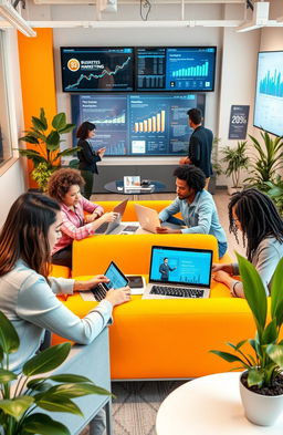 A vibrant digital business office environment showcasing teamwork and collaboration