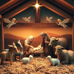 A beautifully arranged nativity scene depicting the birth of Jesus