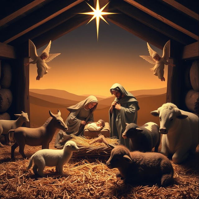 A beautifully arranged nativity scene depicting the birth of Jesus