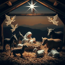 A beautifully arranged nativity scene depicting the birth of Jesus