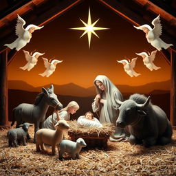 A beautifully arranged nativity scene depicting the birth of Jesus