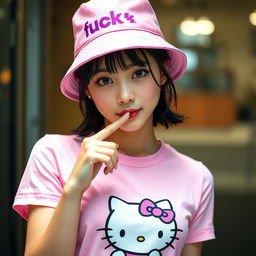 A beautiful Korean woman elegantly posing and captivatingly attractive, wearing a pink t-shirt featuring a Hello Kitty design
