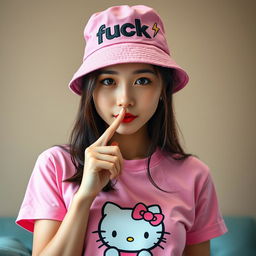 A beautiful Korean woman elegantly posing and captivatingly attractive, wearing a pink t-shirt featuring a Hello Kitty design