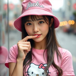 A beautiful Korean woman elegantly posing and captivatingly attractive, wearing a pink t-shirt featuring a Hello Kitty design