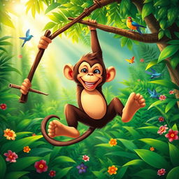 A playful monkey swinging through a lush green jungle, holding a stick in its hands