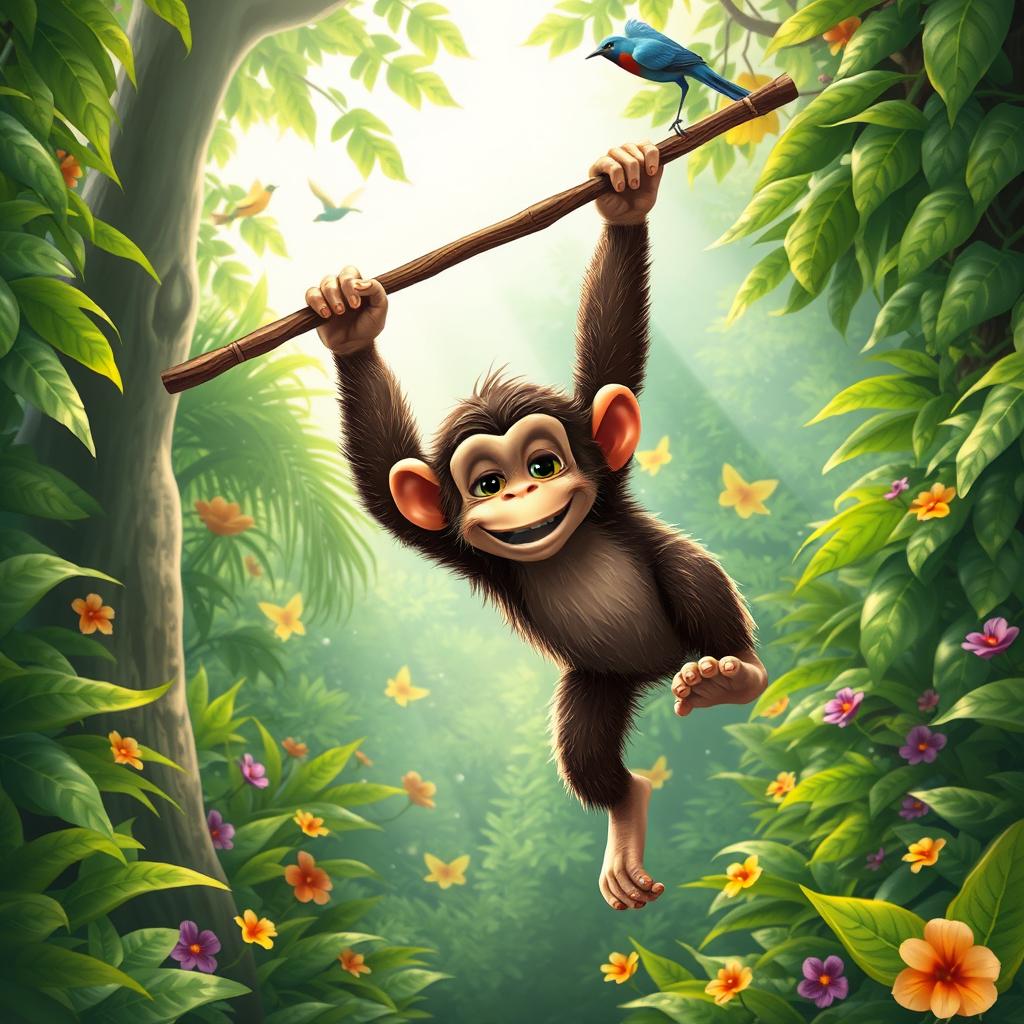 A playful monkey swinging through a lush green jungle, holding a stick in its hands